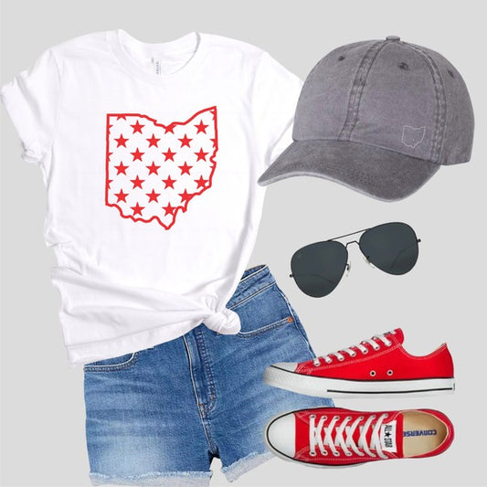 Red Print Ohio Outline with Stars Crew Neck Tee