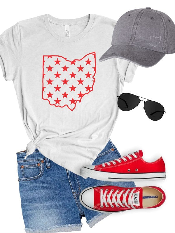 Red Print Ohio Outline with Stars Crew Neck Tee