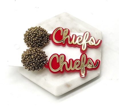 Kansas City Chiefs Pom Gold Red Football Earrings