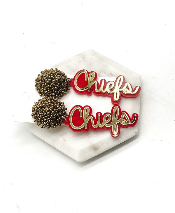 Kansas City Chiefs Pom Gold Red Football Earrings