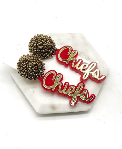 Kansas City Chiefs Pom Gold Red Football Earrings