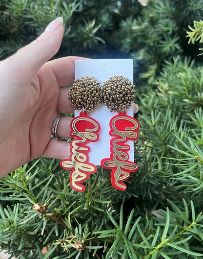 Kansas City Chiefs Pom Gold Red Football Earrings